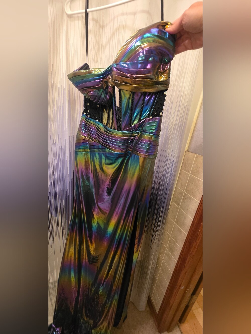 Jovani Iridescent Strapless Evening Gown in Green Blue Purple - Picture 4 of 10